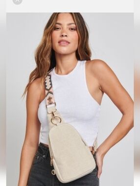 Moda Luxe Cream Crossbody Sling Bag with Patterned Strap Backpack